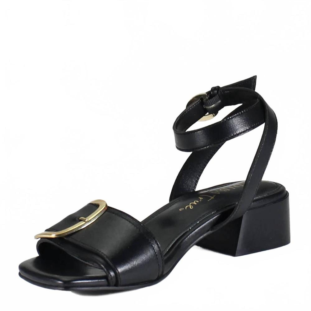Black Ankle-Strap Block Heel Sandal with Gold Buckle